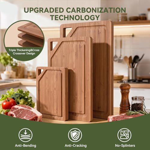 Bamboo Cutting Boards for Kitchen, Wood Cutting Boards with Deep Juice