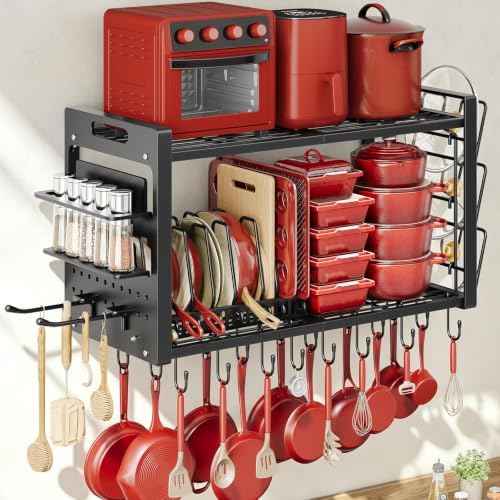 Pot Rack Wall Mount,4 in 1 Hanging Heavy Duty Metal Pan Shelf Organizer with 20 Hooks 3 Pot Lid Holder with 8 Adjustable Dividers Loads 100lbs for Kitchen Cookware and Utensil storage