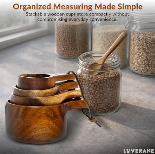 8 Piece Wooden Measuring Cups and Spoons set - Solid Acacia Wood with