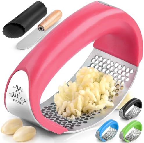Zulay Kitchen Stainless Steel Garlic Press Rocker Set, Red