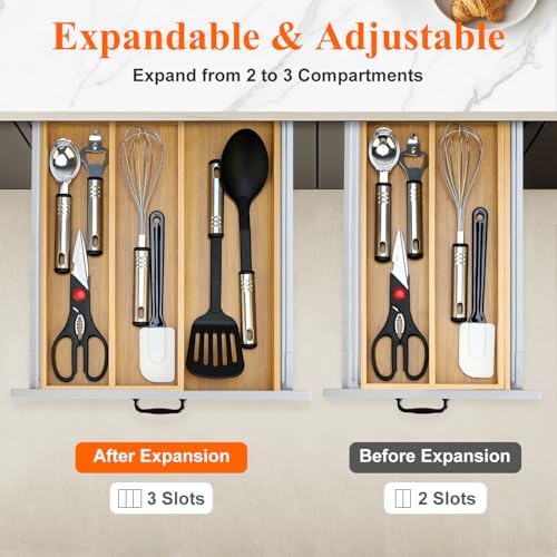Large Bamboo Expandable Silverware Drawer Organizer