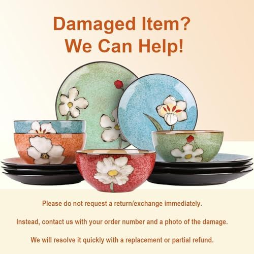 Plates and Bowls Sets,12 Pieces Kiln Changed Glaze Ceramic Dinnerware