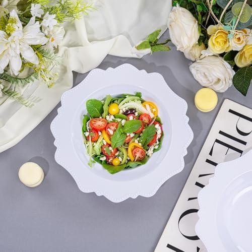COLOSUS 60PCS White Disposable Bowls, 12oz Nice Beaded Dessert Bowls.