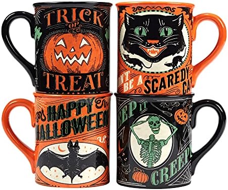 Halloween Mugs Set of 4 – Spooky Ceramic Coffee Cups with Vintage