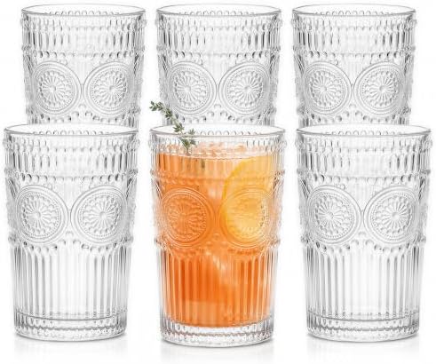 Kingrol Embossed Vintage Drinking Glasses Set of 6, 12 oz Textured