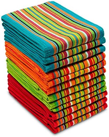 COTTON CRAFT Salsa Stripe Kitchen Towels - 12 Pack 100% Cotton Dish