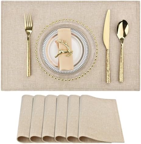 SLKQG Beige Faux Cotton Linen Placemats Set of 6, Heat Resistant