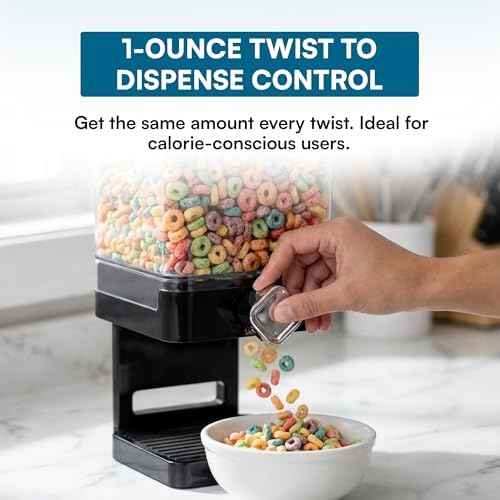 Honey-Can-Do Zevro Compact Single Dry Food Dispenser – Countertop Cereal Dispenser with Portion Control, 17.5 oz Capacity, Airtight BPA-Free Snack Container, Black/Chrome