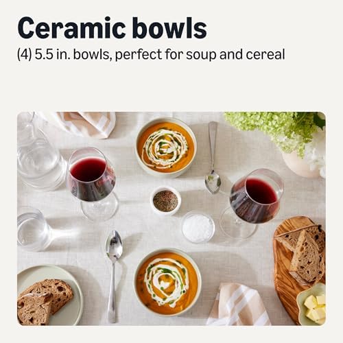 Amazon Basics Glazed Stoneware Bowls, 4-Piece Set, Microwave and