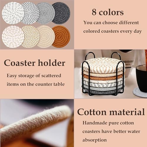 Woven Coasters Set of 8, Absorbent Drink Coasters with Holder, Boho