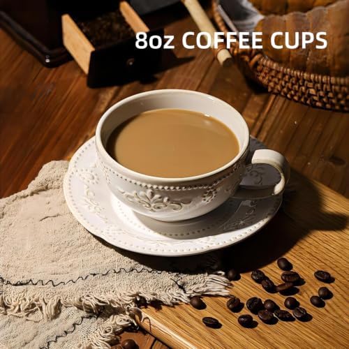 Cappuccino Cups with Saucers, 8oz Ceramic, Set of 4, Arctic White