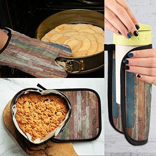 QMXO Colorful Watercolor Wooden Texture Oven Mitts Quilted Cotton