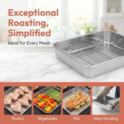 Roasting Pan and Rack Set Stainless Steel Easy Clean Rectangular Roaster with Rack for Cooking Baking(9.25 * 6.89 * 1.97in)