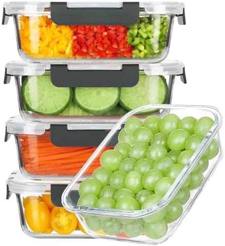 BAYZZ 5-Pack 35 Oz Glass Food Storage Containers with Lids, Gray