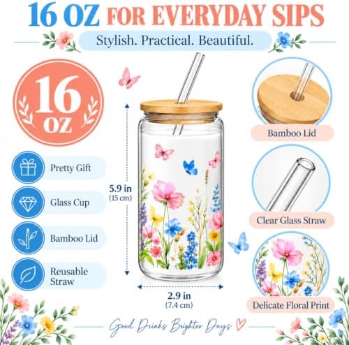 Mumufy 6 Sets Wildflower Cute Glass Cups with Lids and Straws Bulk