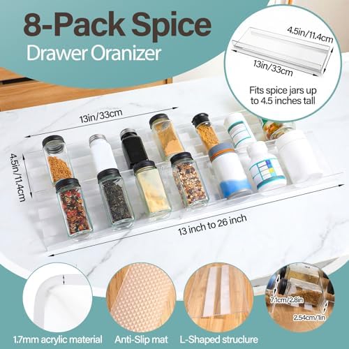 8 Pack Spice Drawer Organizer with 18 Anti-Slip Mats, 13" to 26"