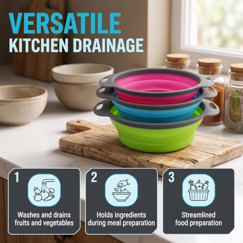 Qimh Collapsible Colander Set of 3 Round Silicone Kitchen Strainer Set