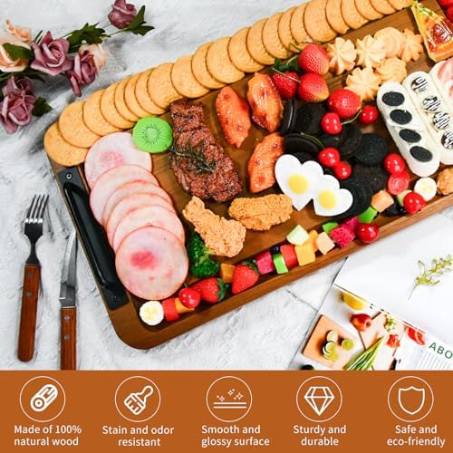 Large Wooden Charcuterie Board with Handles Long BBQ Serving Tray