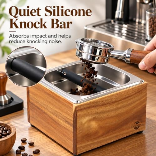 Large Acacia Wood Espresso Knock Box with Stainless Steel Interior