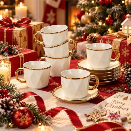 Coffee Cup Set of 6 with Saucers, 3.5 OZ Ceramic Demitasse Espresso
