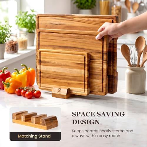 3-Piece Teak Cutting Board Set with Stand, Chopping Board, Juice