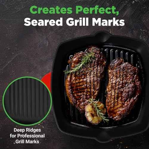 NutriChef 11" Enameled Cast Iron Steak Grill Pan - Square Skillet with Drip Spout, For All Cooktops, Perfect Grill Marks - NCCIES47