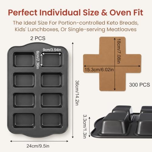 2 Pack Mini Loaf Pans for Baking with 300 Parchment Liners, 8-Cavity