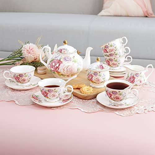 fanquare European Vintage Floral Porcelain Coffee Set, Pink Women Tea
