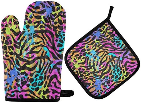QMXO Colorful Leopard Skin Oven Mitts Quilted Cotton Lining Potholders