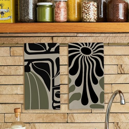 Sage Green Groovy 70s Retro Kitchen Towels Set of 2 - Boho Floral Dish