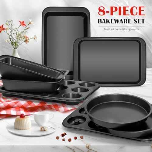 Bakeware Sets, Nonstick Baking Pans Set 8 Piece Including Donut Pan,2 Round Cake Pan, Square Cake Pan, Loaf Pan, Muffin Pan, Cookie Sheet, Roast Pan, Carbon Steel Bake Set (black)