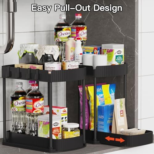2 Packs Under Sink Pull-Out Storage Organizers, 12.8 Inches, Black