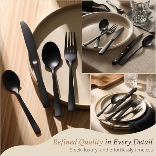 Hiware 48-Piece Black Silverware Set for 8, 18/8 Stainless Steel Flatware Cutlery Set with Forks, Knives, Spoons, Steak Knives, Durable and Elegant Design Utensils Tableware - Dishwasher Safe