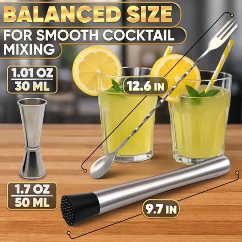 Set of Drink Muddler for Cocktails with Cocktail Spoon and Jigger