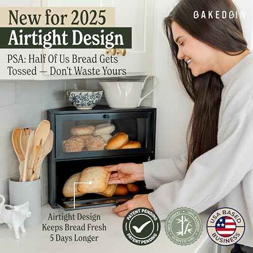 Corner Bread Box for Kitchen Countertop - New 2026 Airtight Design - Extra Large, Double Layer Black BreadBox, Vintage Storage for Homemade Bread, Under Cabinet Organizer