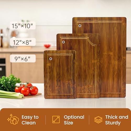 welsteepse Bamboo Cutting Boards, (Set of 3) with Juice Groove, Bamboo