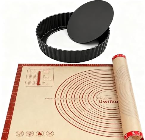9.5 Inch Tart Pan with Removable Bottom & Non-stick Baking Mat Set