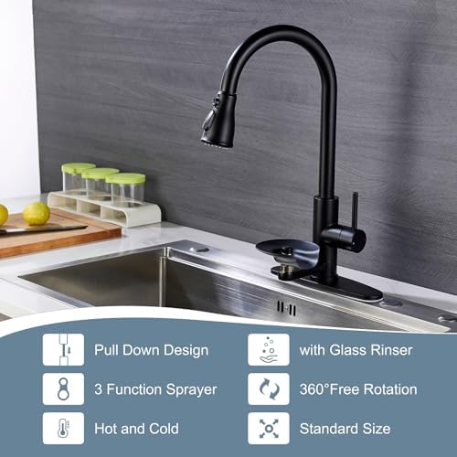 Matte Black Kitchen Faucet with Glass Rinser, Pull Down Sprayer