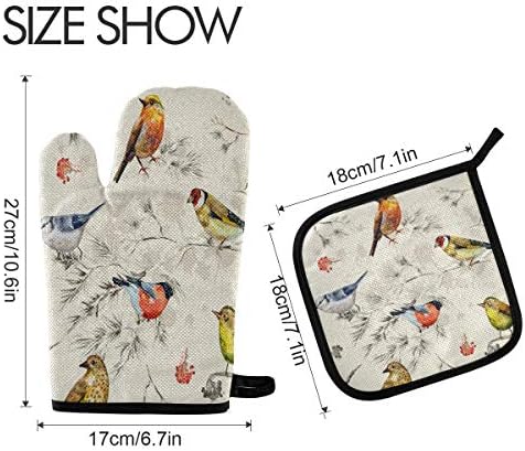 QMXO Retro Spring Summer Birds Oven Mitts Quilted Cotton Lining