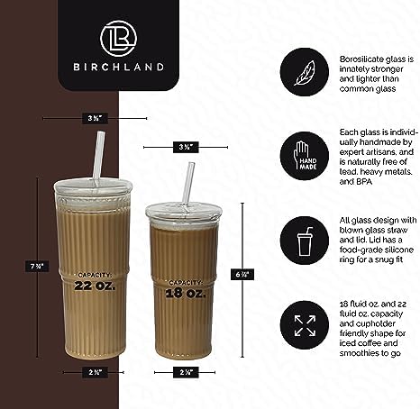 Birchland All Glass Iced Coffee Cup with Lid and Straw, Ribbed Glass