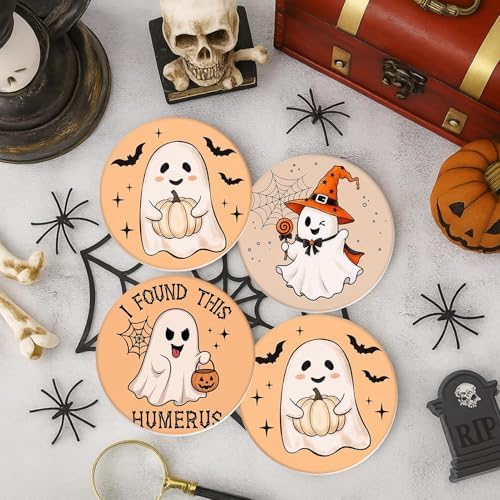 Halloween Ceramic Stone Coasters for Drinks, Set of 6, Kawaii Ghost