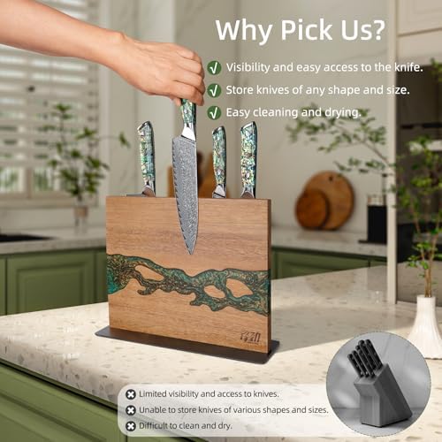 FINDKING Magnetic Knife Block, Acacia Wood, 12 × 10 Inches