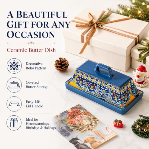 Boho Ceramic Butter Dish with Lid & Tray, Butter Keeper for Countertop