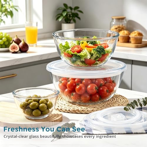 E-far Glass Mixing Bowls with Airtight Lids Set for Prep Salad Serving