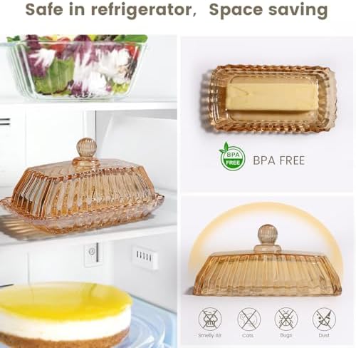 Vintage Covered Glass Butter Dish with Lid-Retro Amber Butter Holder