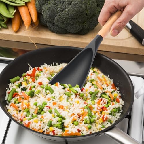 2 Pcs Wooden Handle Silicone Cooking Spoon Set for Nonstick Cookware