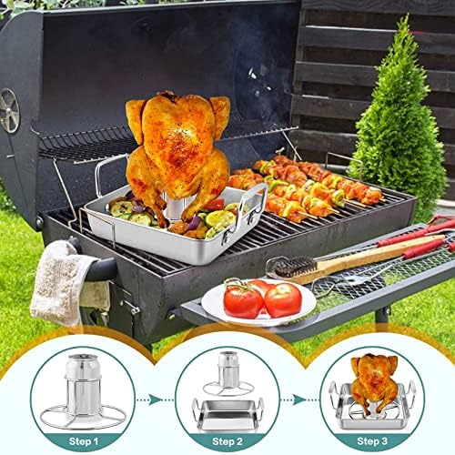 P&P CHEF Beer Can Chicken Holder with Roasting Pan Set, Square, 4Pcs