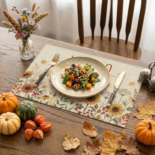Fall Wildflower Placemats Set of 6, Autumn Place Mats 16x11in