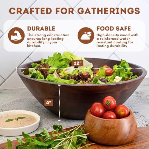 Luxe Designs 12" Dark Burnt Wooden Salad Bowl Set with Serving