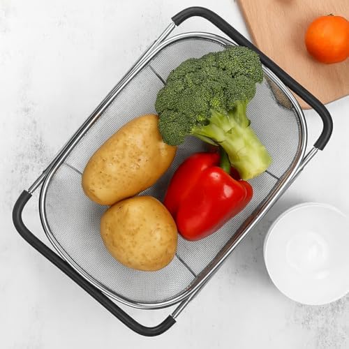 Over The Sink Stainless Steel Oval Colander with Fine Mesh 6 Quart